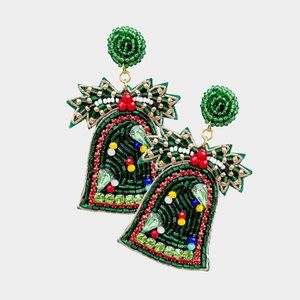 Seed Beaded Earrings Christmas Holiday BELL Holly Felt Back 3"Long Post GREEN